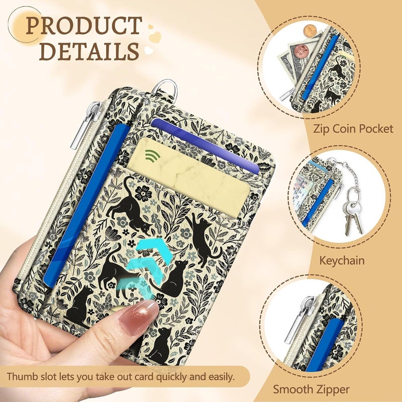 Kelvoris Black Cat Credit Card Holder Slim Wallet Women, Cute Flowers Small RFID Blocking Wallet Woman Keychain with Zipper Coin Pocket, Front Pocket Thin Travel Ladies Card Case with ID Window - Image 5